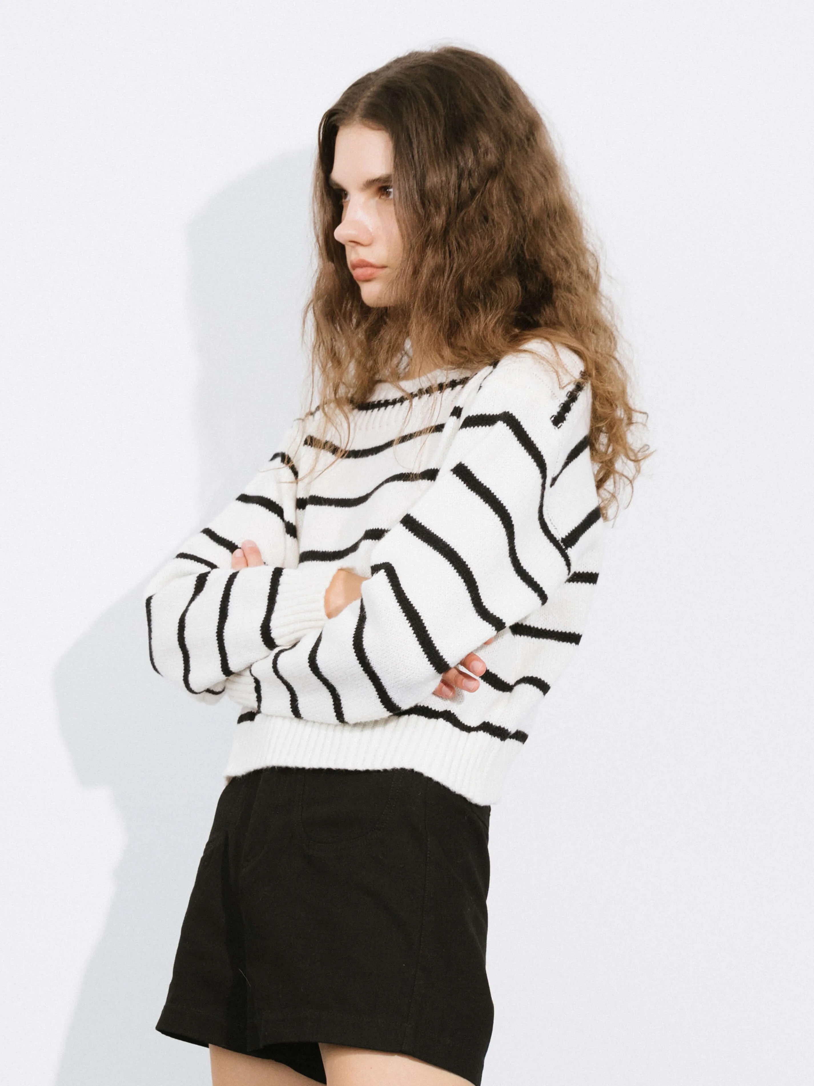 Large Collar Striped Contrast Color Sweater