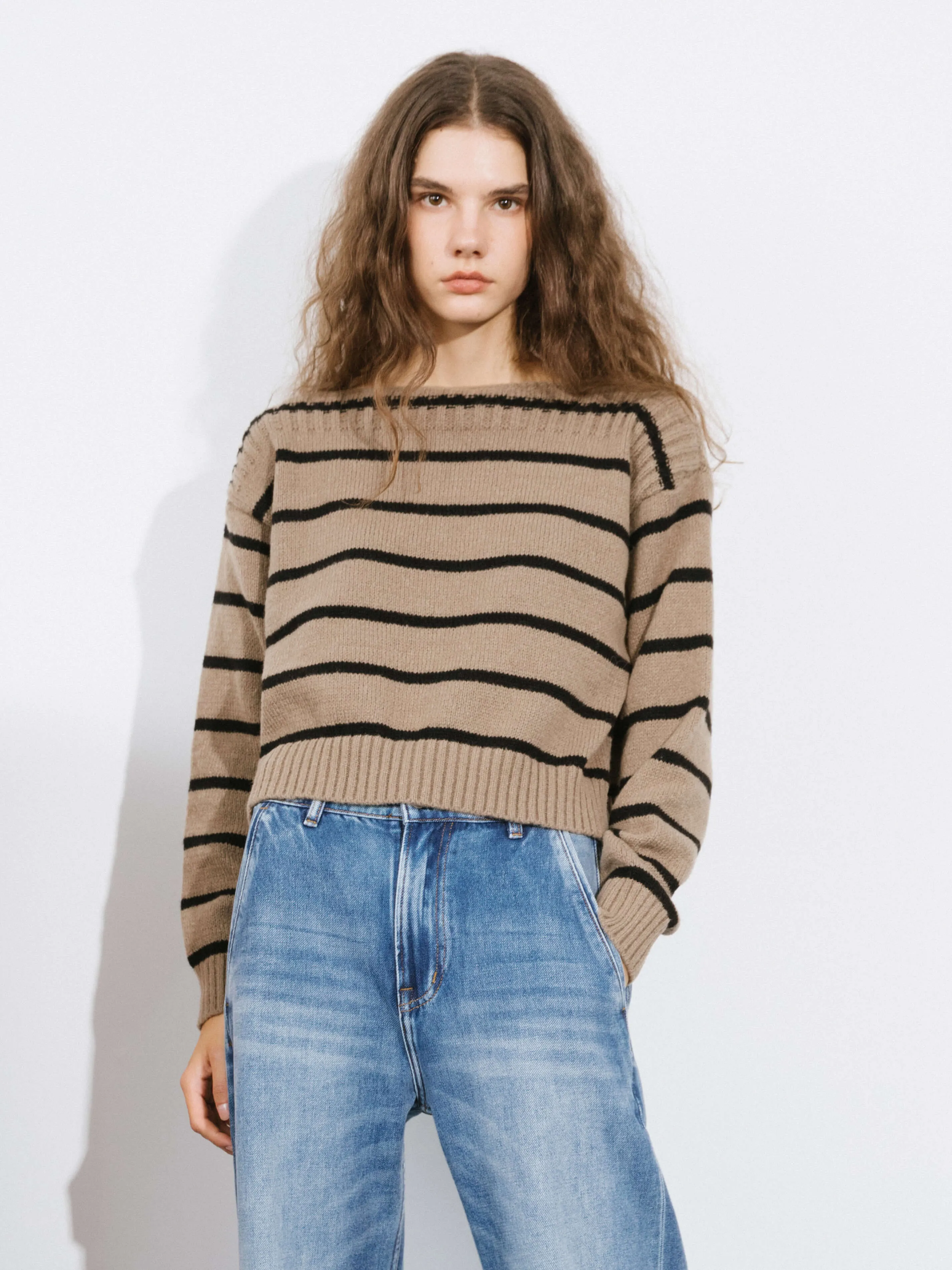 Large Collar Striped Contrast Color Sweater