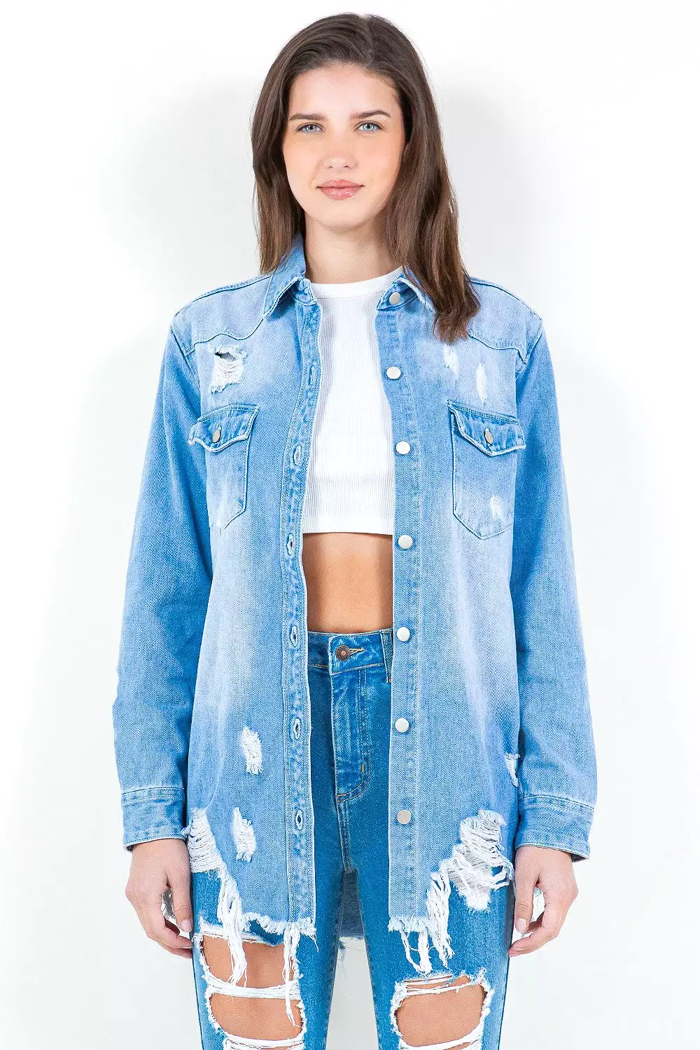 Light Blue Frayed Hem Distressed Denim Shirt Jacket