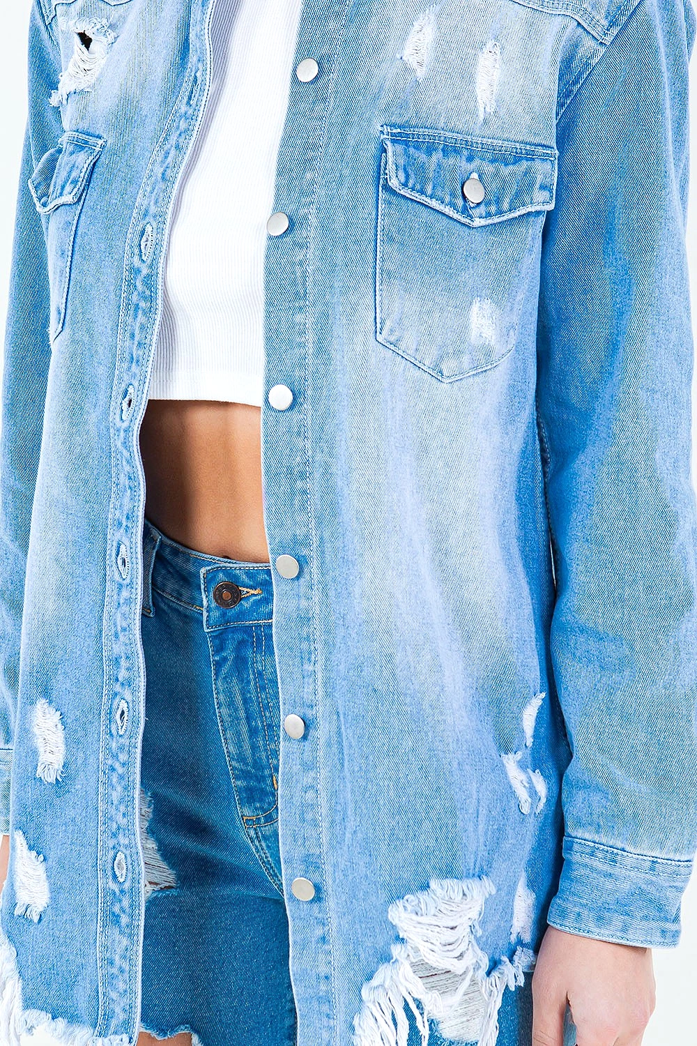 Light Blue Frayed Hem Distressed Denim Shirt Jacket