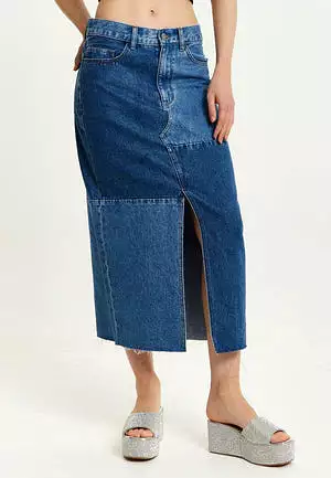 Liquorish Blue Denim Midi Skirt