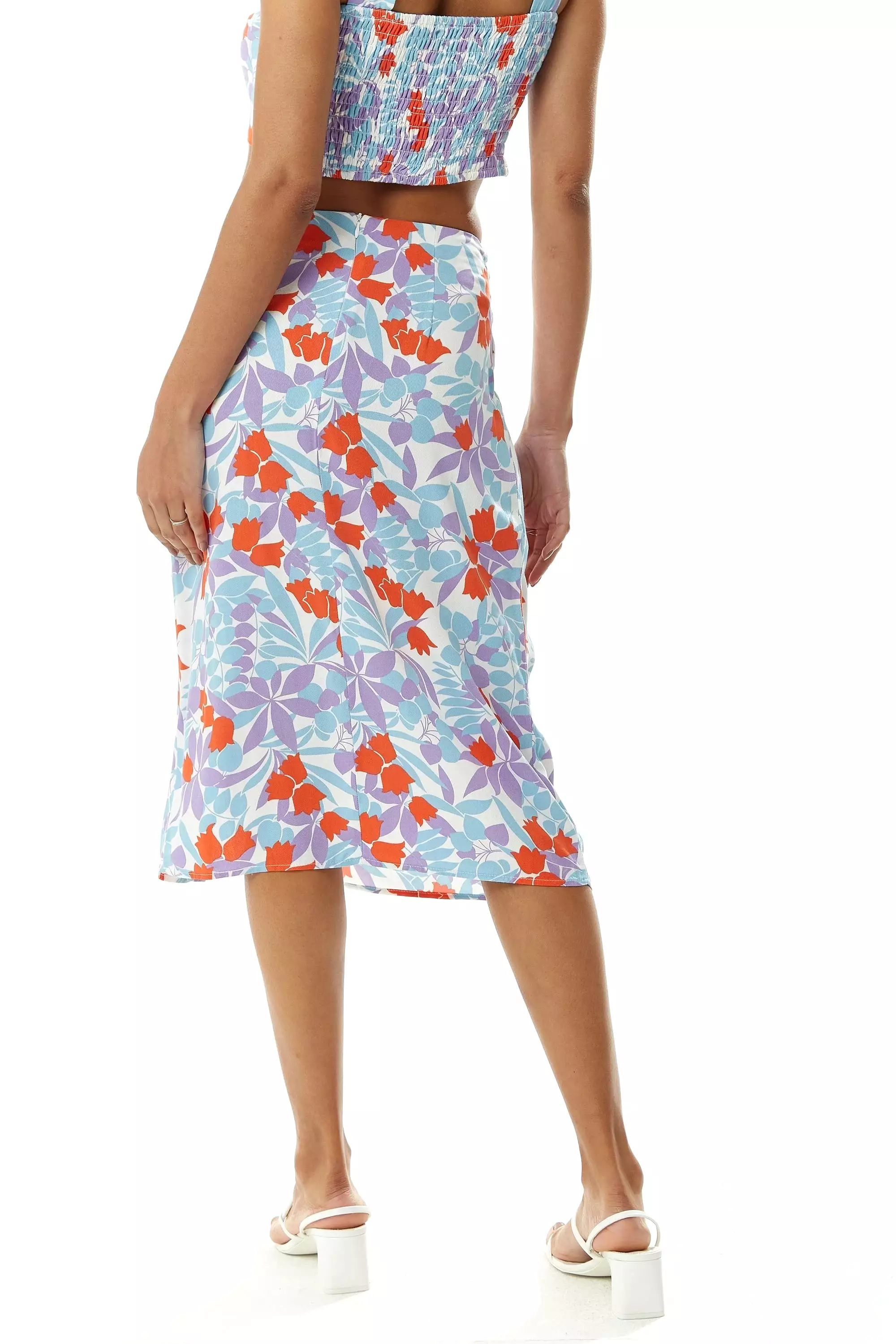 Liquorish Floral Knot Front Midi Skirt In Blue And Red