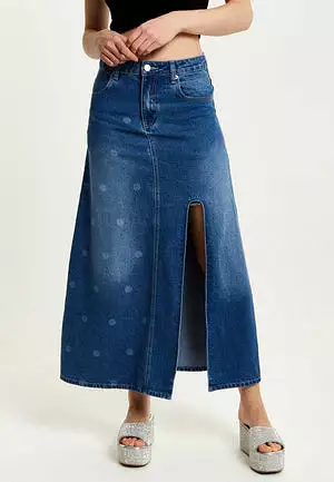 Liquorish Polka Dot Maxi Denim Skirt