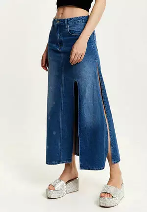 Liquorish Polka Dot Maxi Denim Skirt