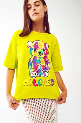 Loose-Fitting Lime T-Shirt with Colored Bear