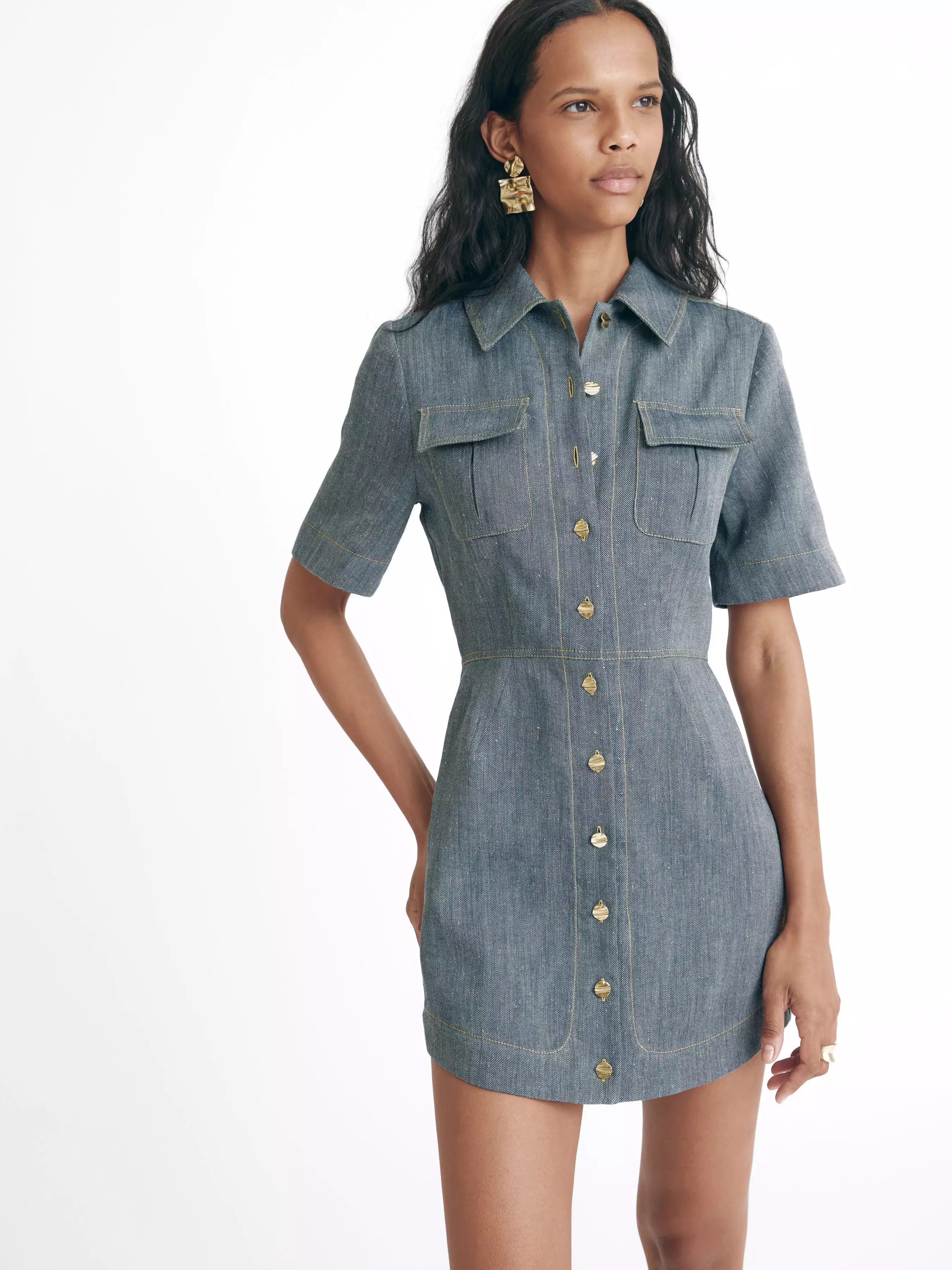 Matthew Bruch Cargo Button-Up Mini Dress Denim