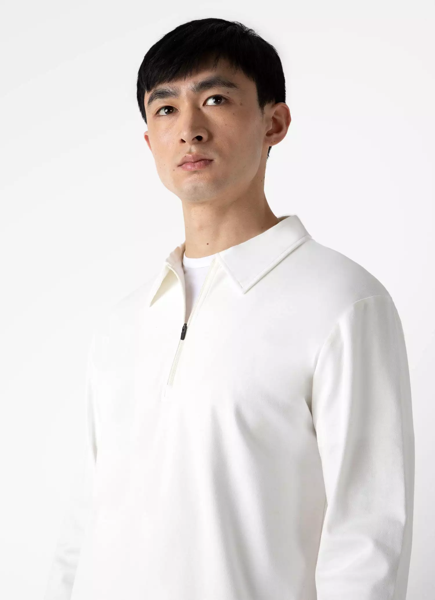 Men's Brushed Cotton Long Sleeve Polo Shirt in Ecru