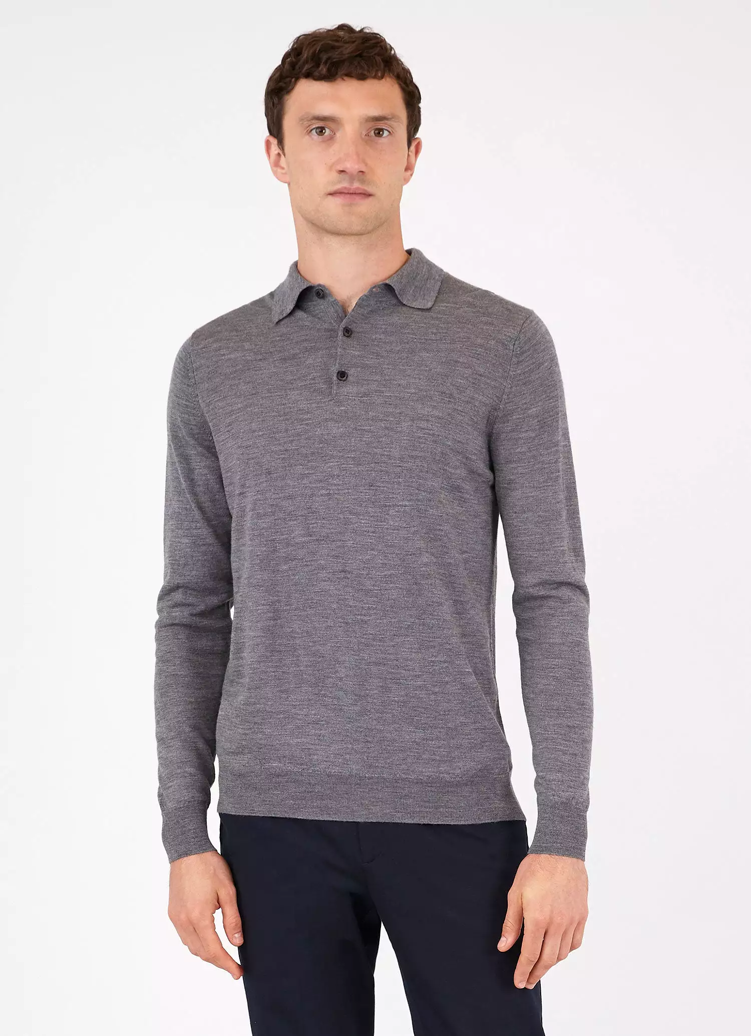 Men's Extra-Fine Merino Polo Shirt in Mid Grey Melange