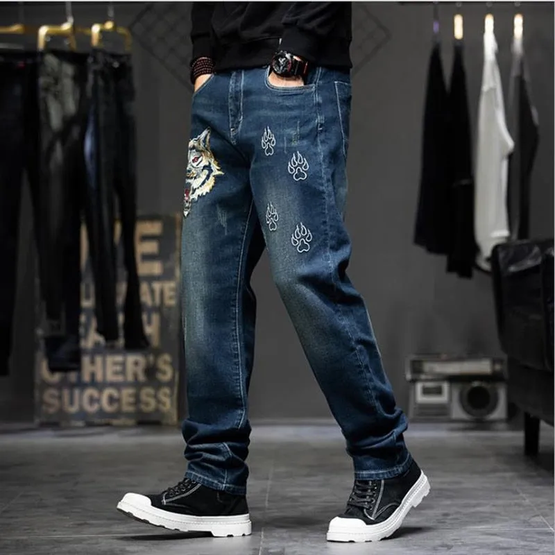 Men's Hip Hop Denim Baggy Embroidery Casual Straight-Leg Pants