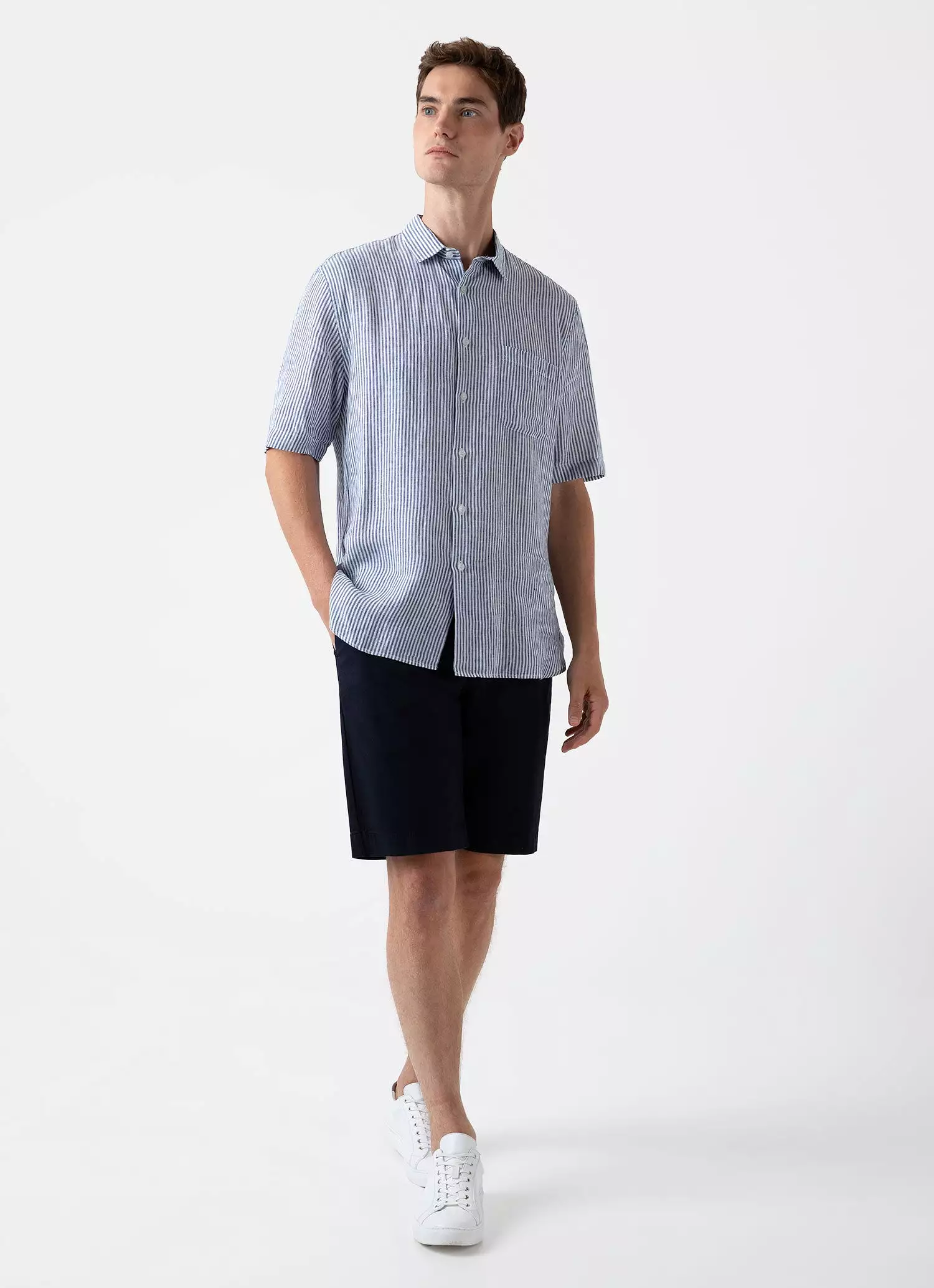 Men's Short Sleeve Linen Shirt in Navy/White Classic Stripe