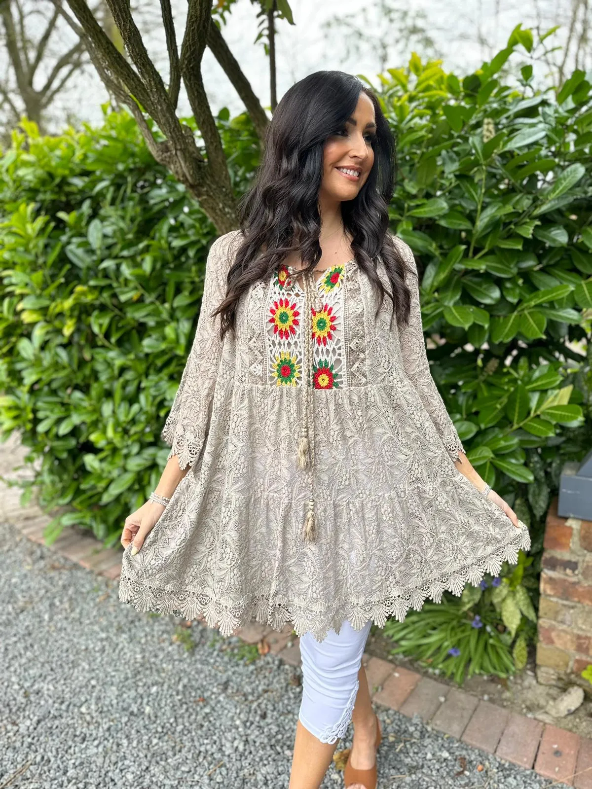 Mocha Lace Floral Crochet Tunic Dress Debbie