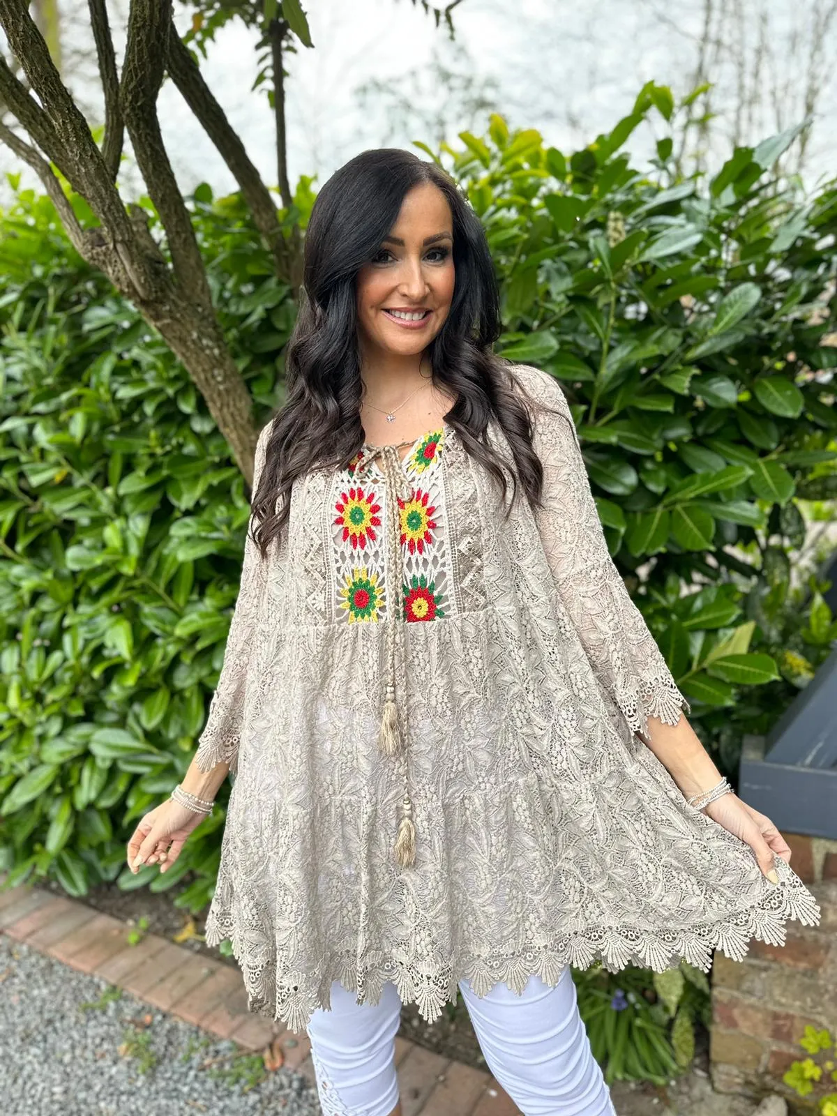 Mocha Lace Floral Crochet Tunic Dress Debbie