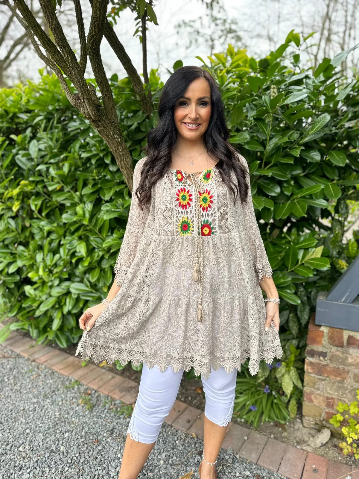 Mocha Lace Floral Crochet Tunic Dress Debbie