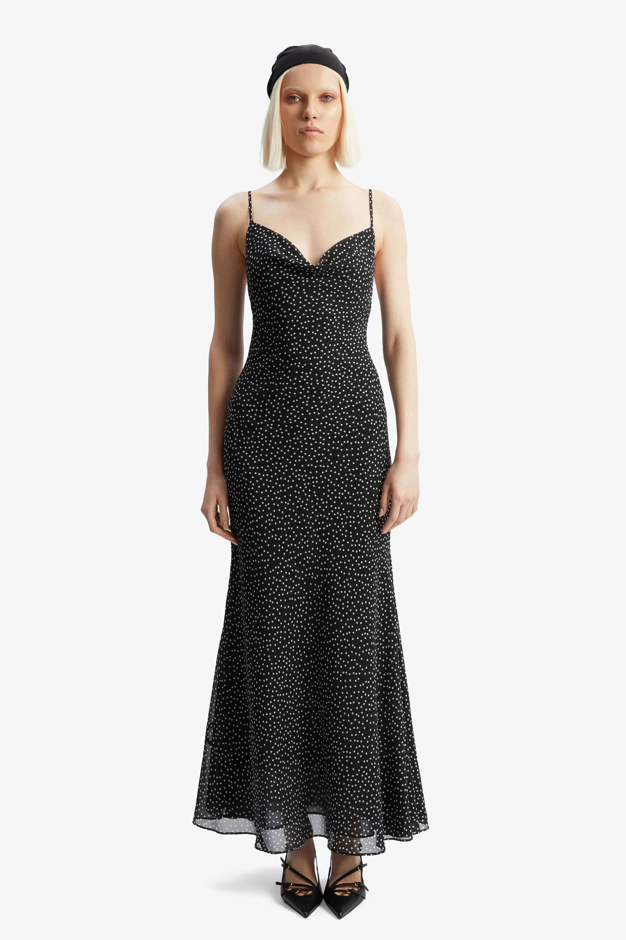 monroe cowl neck maxi dress in black spot