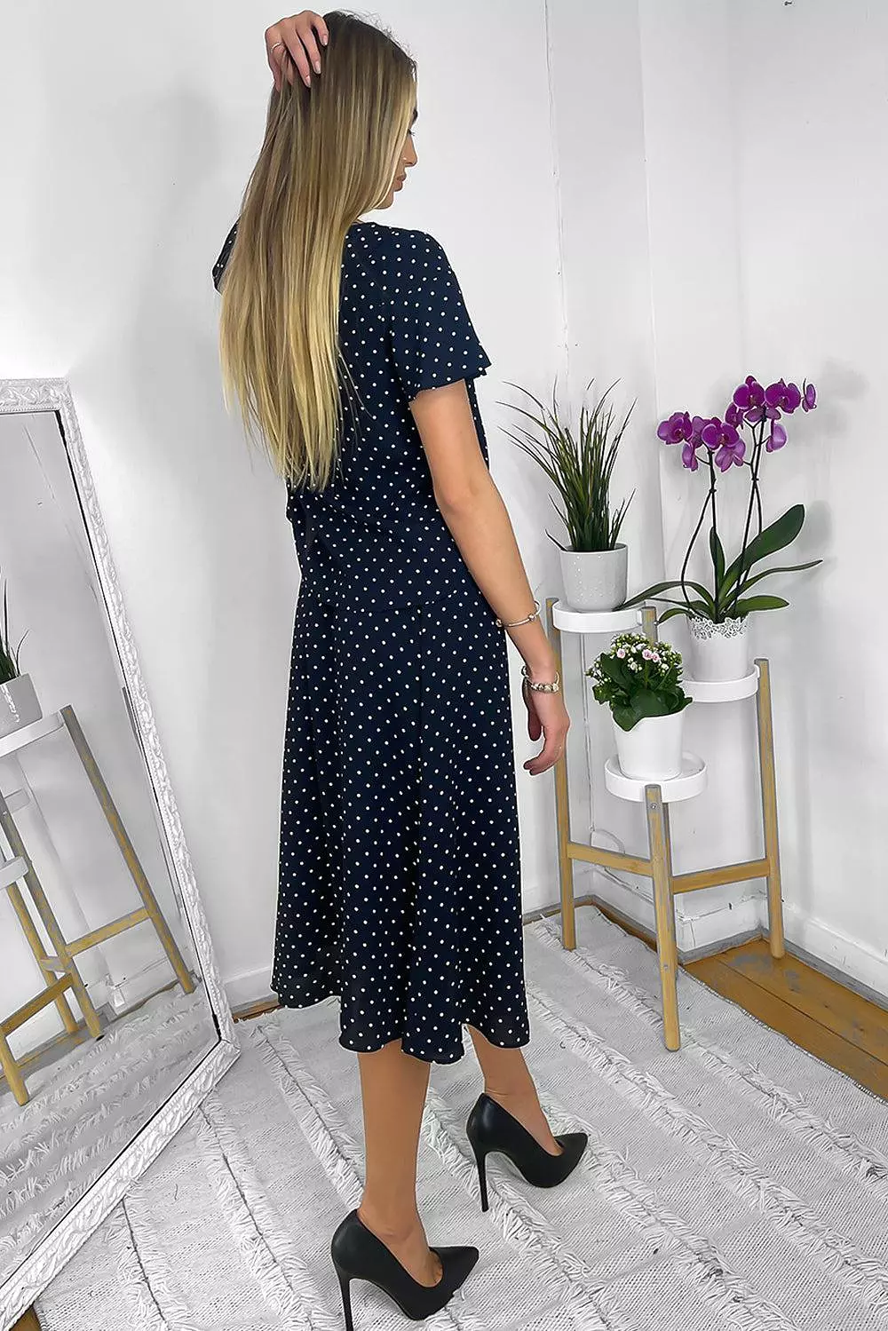 Navy Polka Dot Frilled Top And Midi Skirt Set