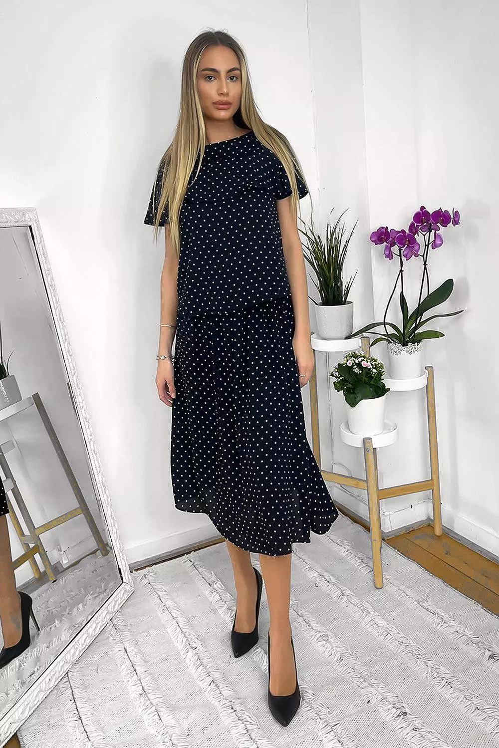 Navy Polka Dot Frilled Top And Midi Skirt Set