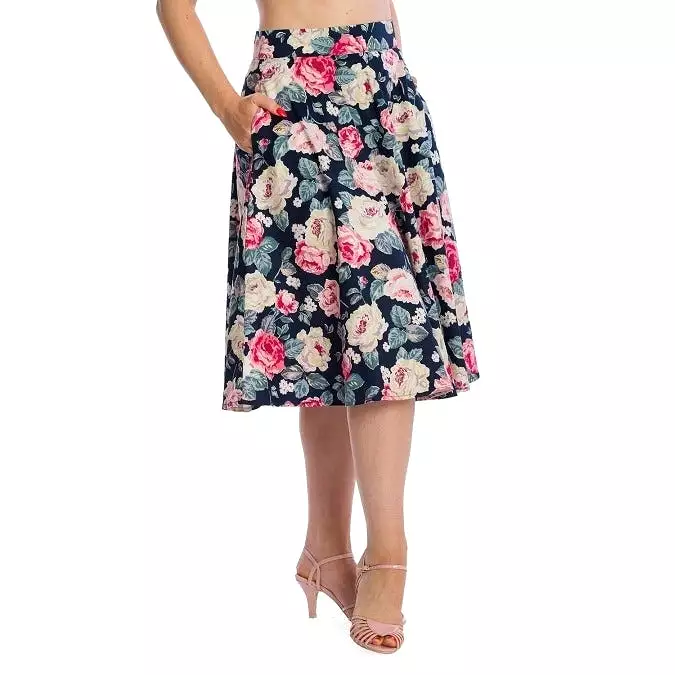 Navy Rose Print Rockabilly Swing Skirt