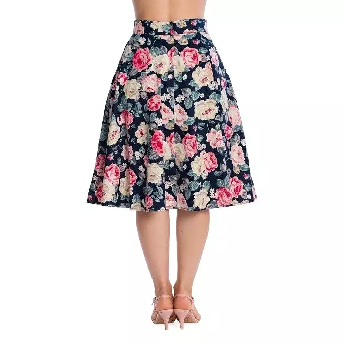 Navy Rose Print Rockabilly Swing Skirt