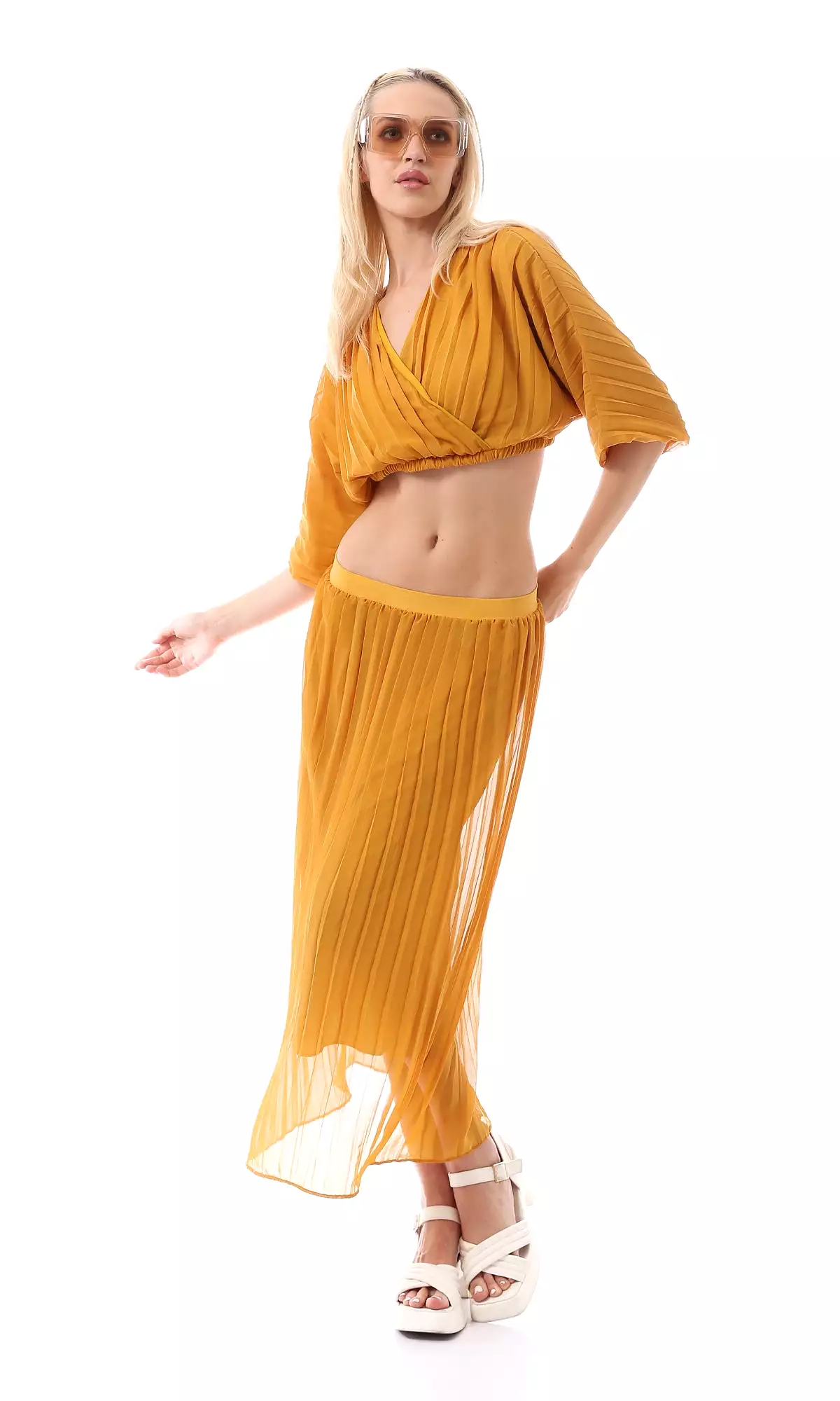 O166417 Mustard Slip On Summer Plisse Skirt