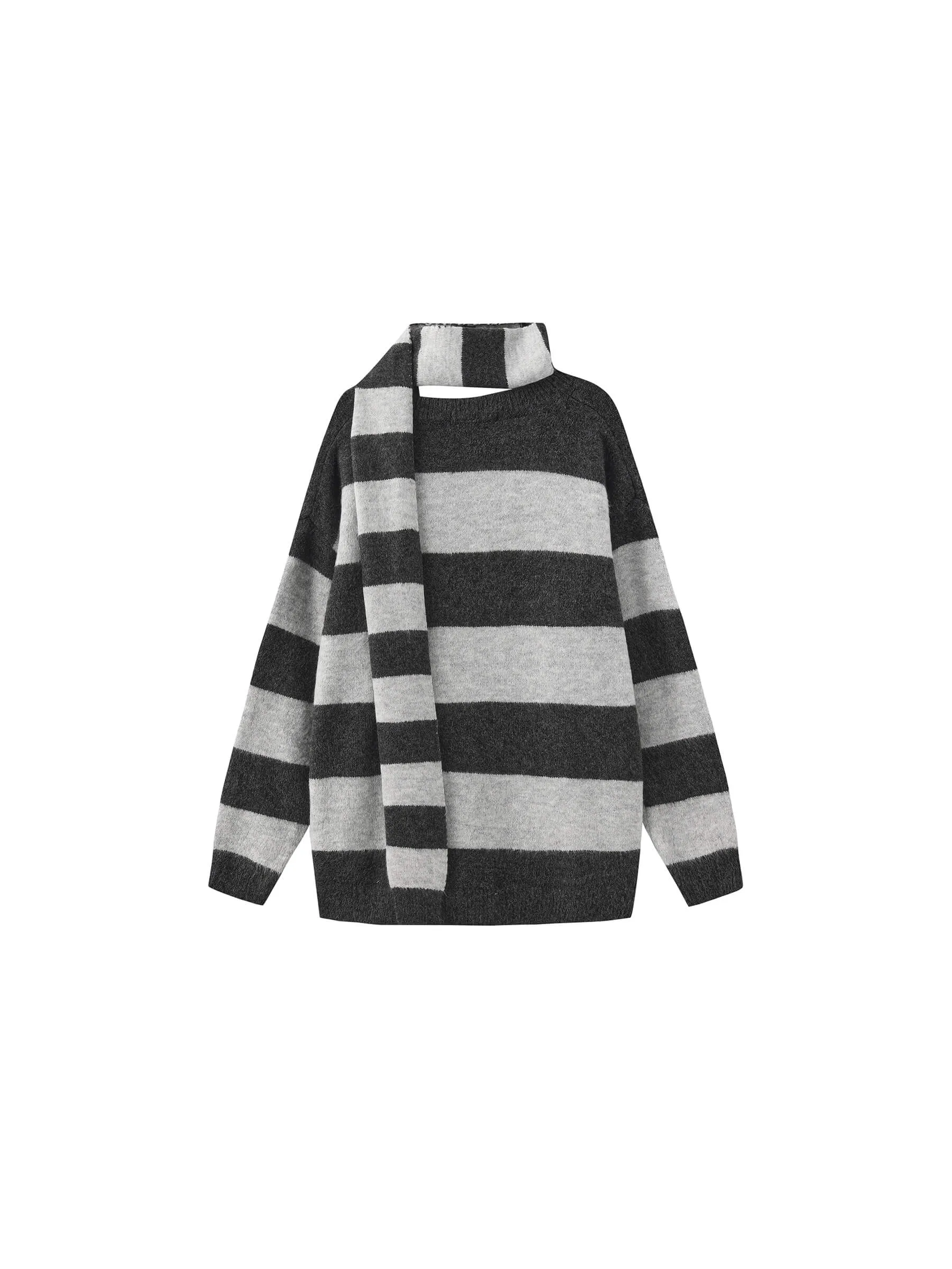 Oversized V-neck Contrast Striped Sweater With Scarf