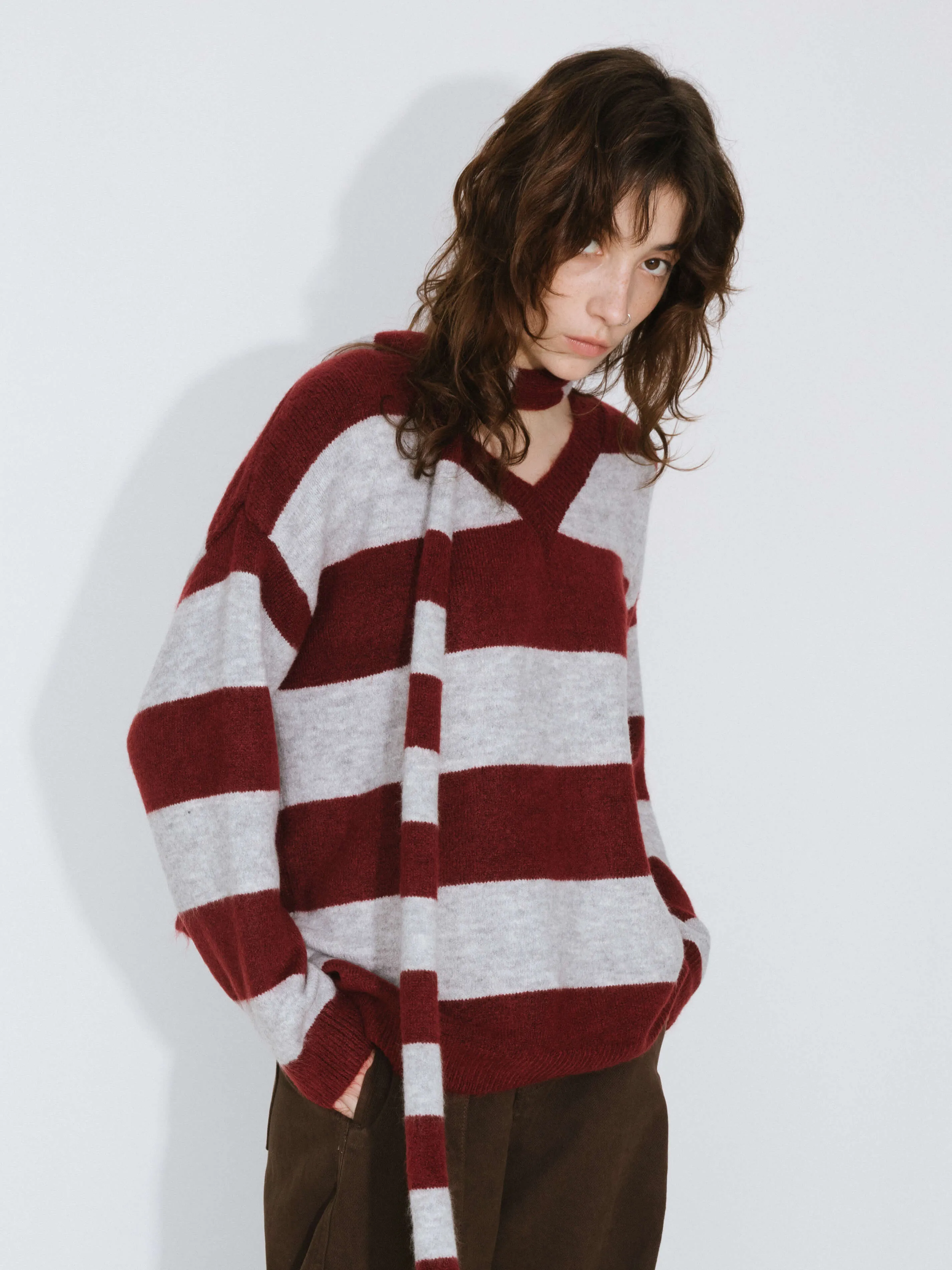 Oversized V-neck Contrast Striped Sweater With Scarf