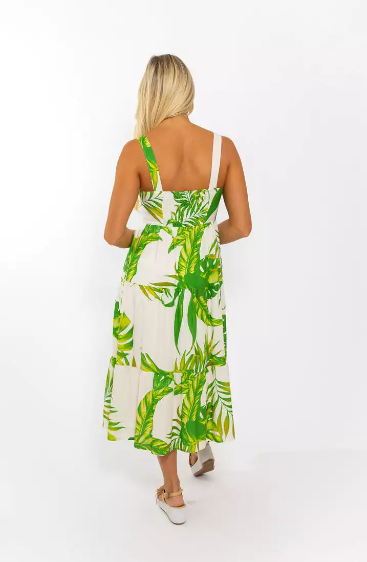 Palm Linen Tier Maxi Dress