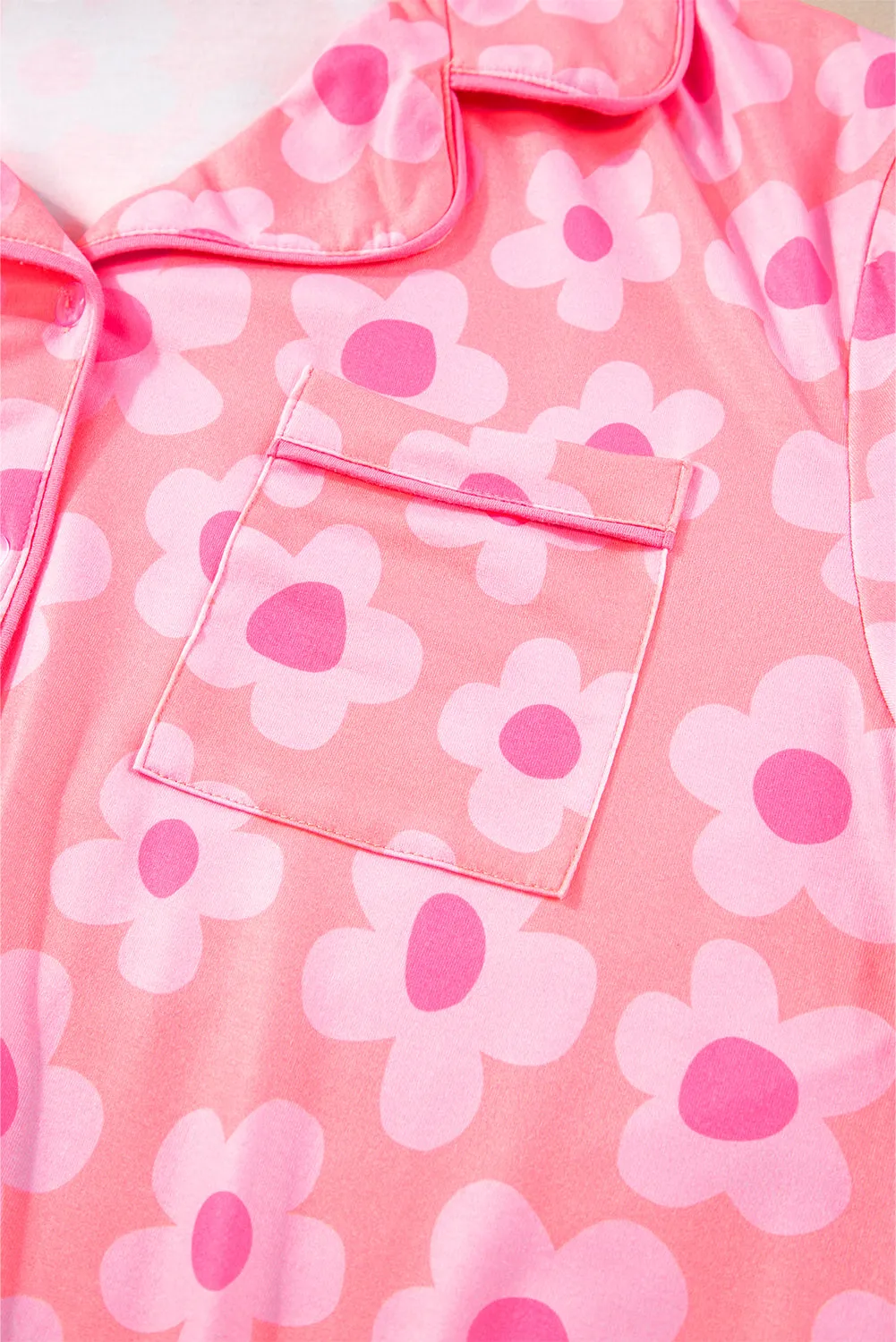 Pink Flower Print Short Sleeve Shirt Pajamas Set