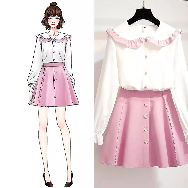 Pink/Black Sweet Shirt + Skirt Set AD210185