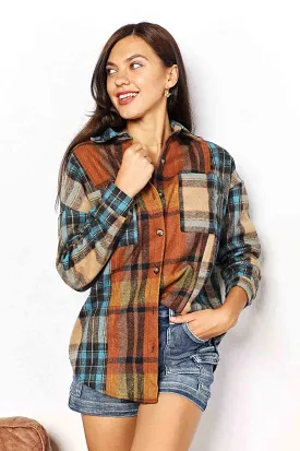 Plaid Curved Hem Shirt Jacket with Breast Pockets