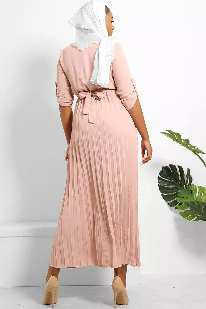 Pleated Skirt Logo Belt Buttoned Modest Dress