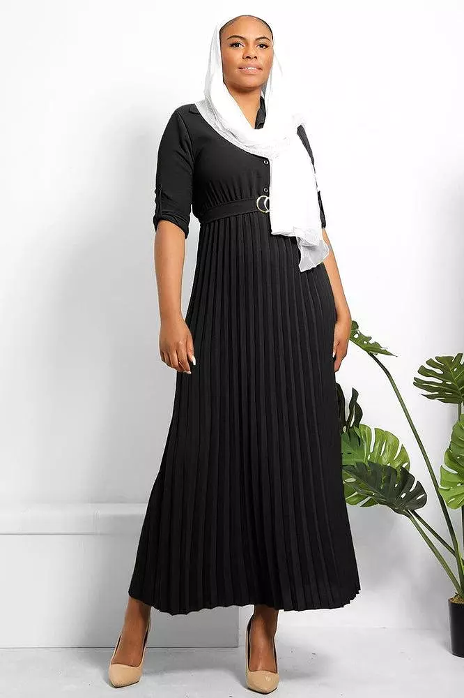 Pleated Skirt Logo Belt Buttoned Modest Dress