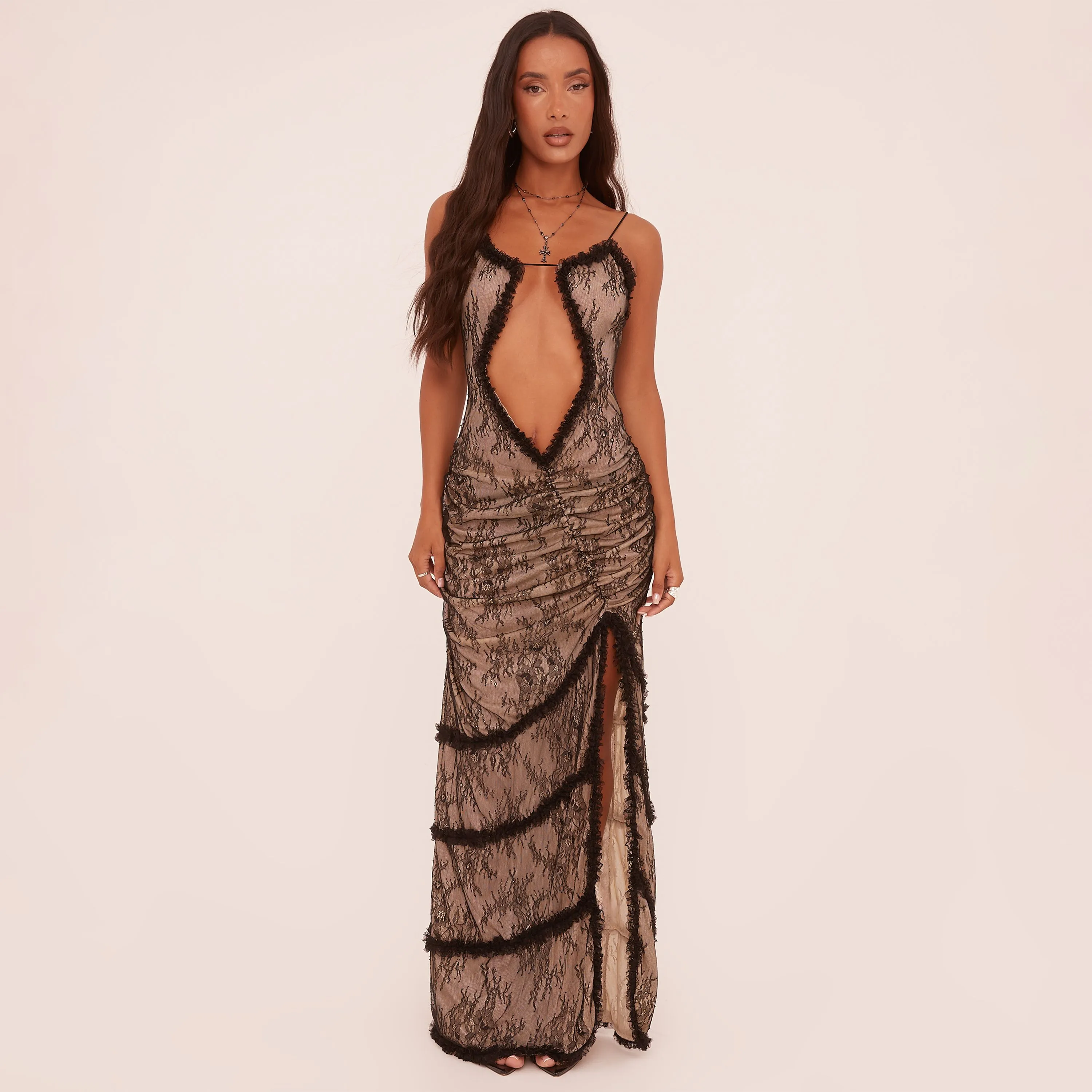 Plunge Strappy Contrast Frill Detail Cut Out Front Maxi Dress In Black Lace