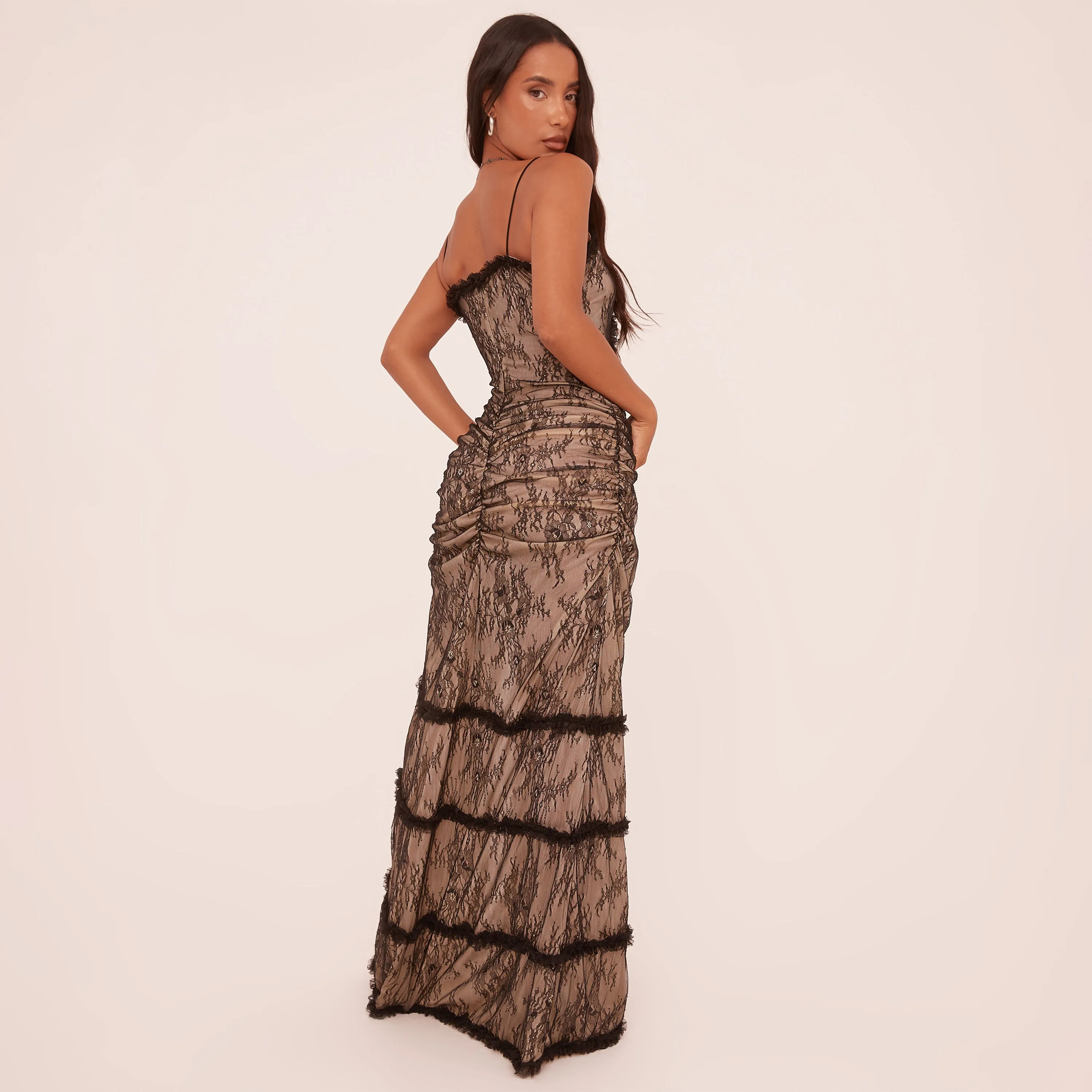 Plunge Strappy Contrast Frill Detail Cut Out Front Maxi Dress In Black Lace