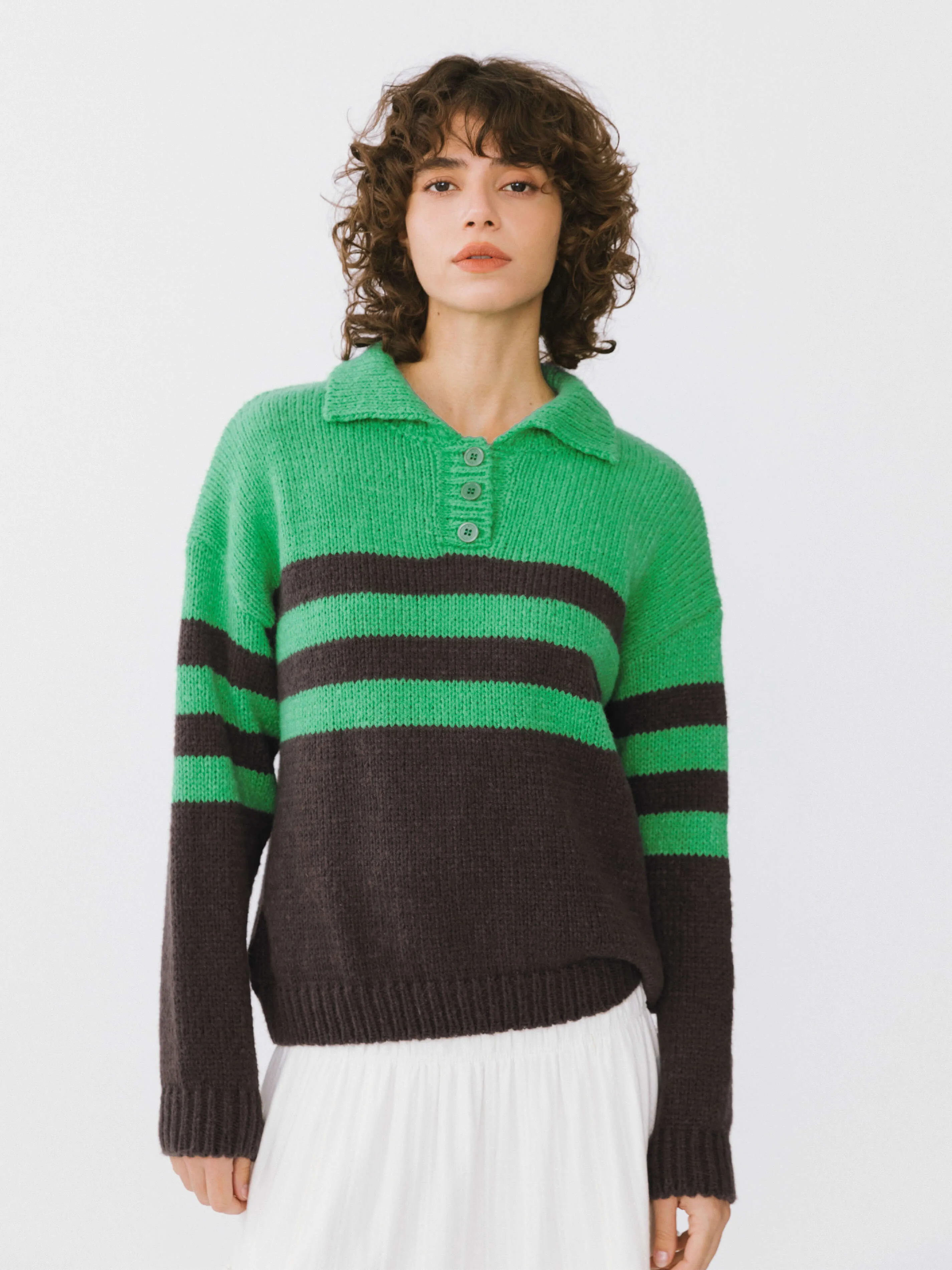 Polo Collar Striped Knit Sweater