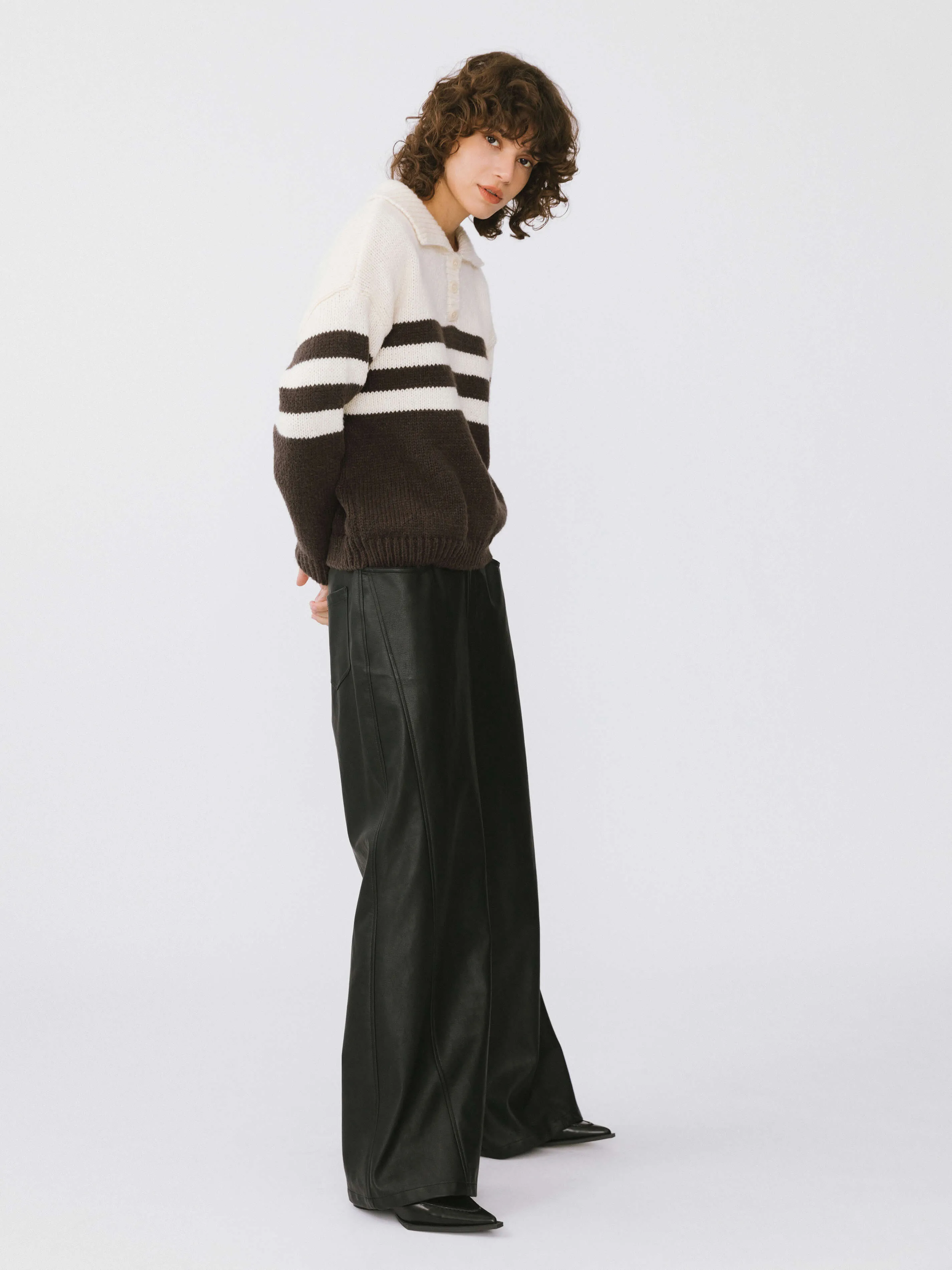 Polo Collar Striped Knit Sweater