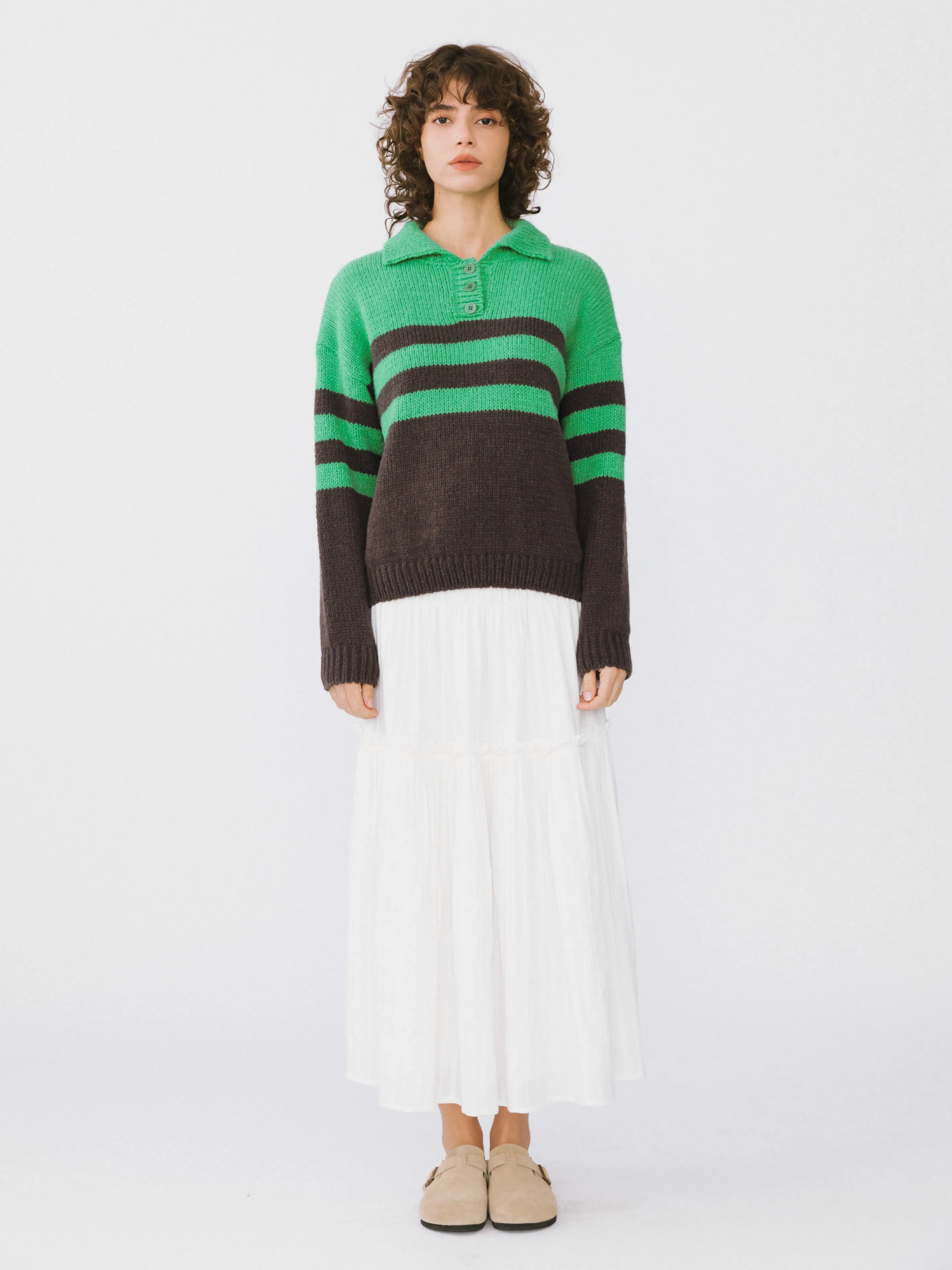 Polo Collar Striped Knit Sweater