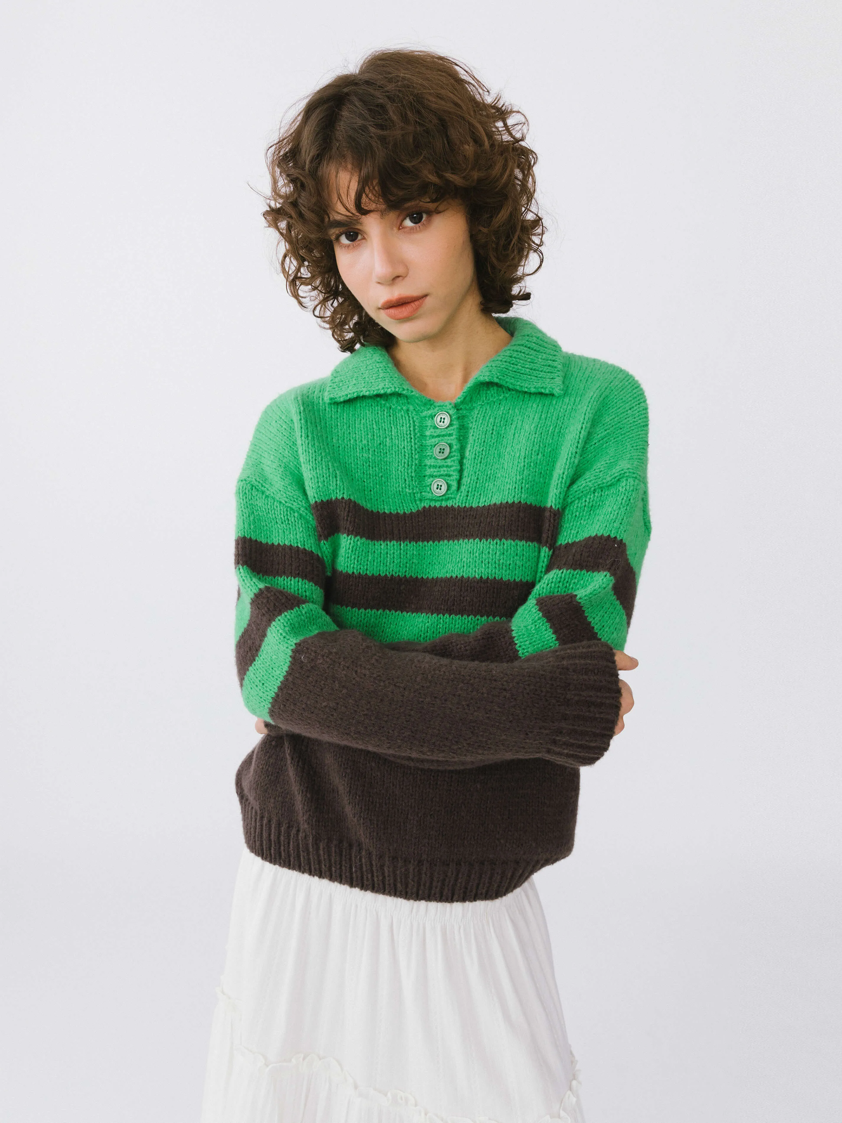 Polo Collar Striped Knit Sweater