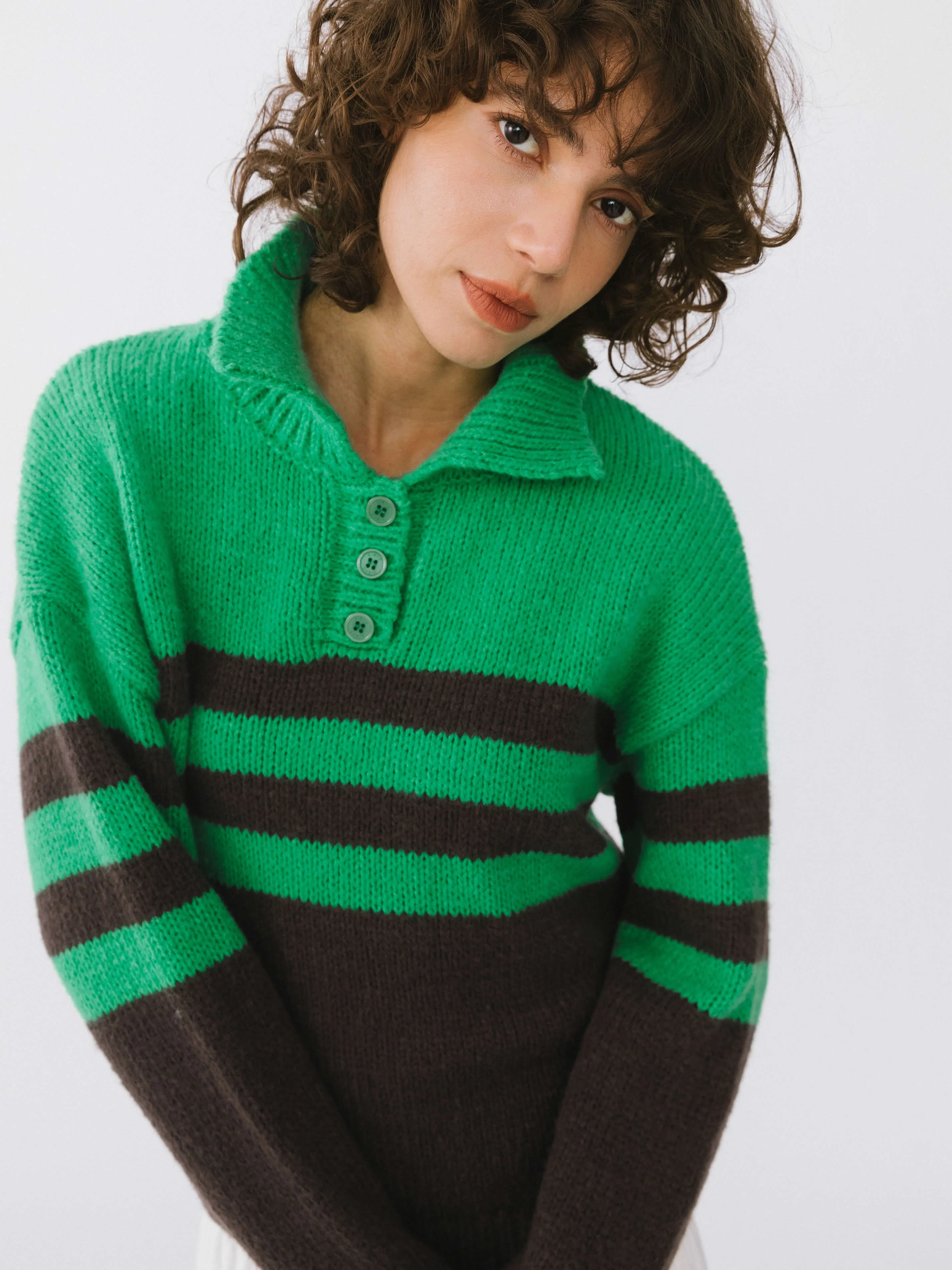 Polo Collar Striped Knit Sweater