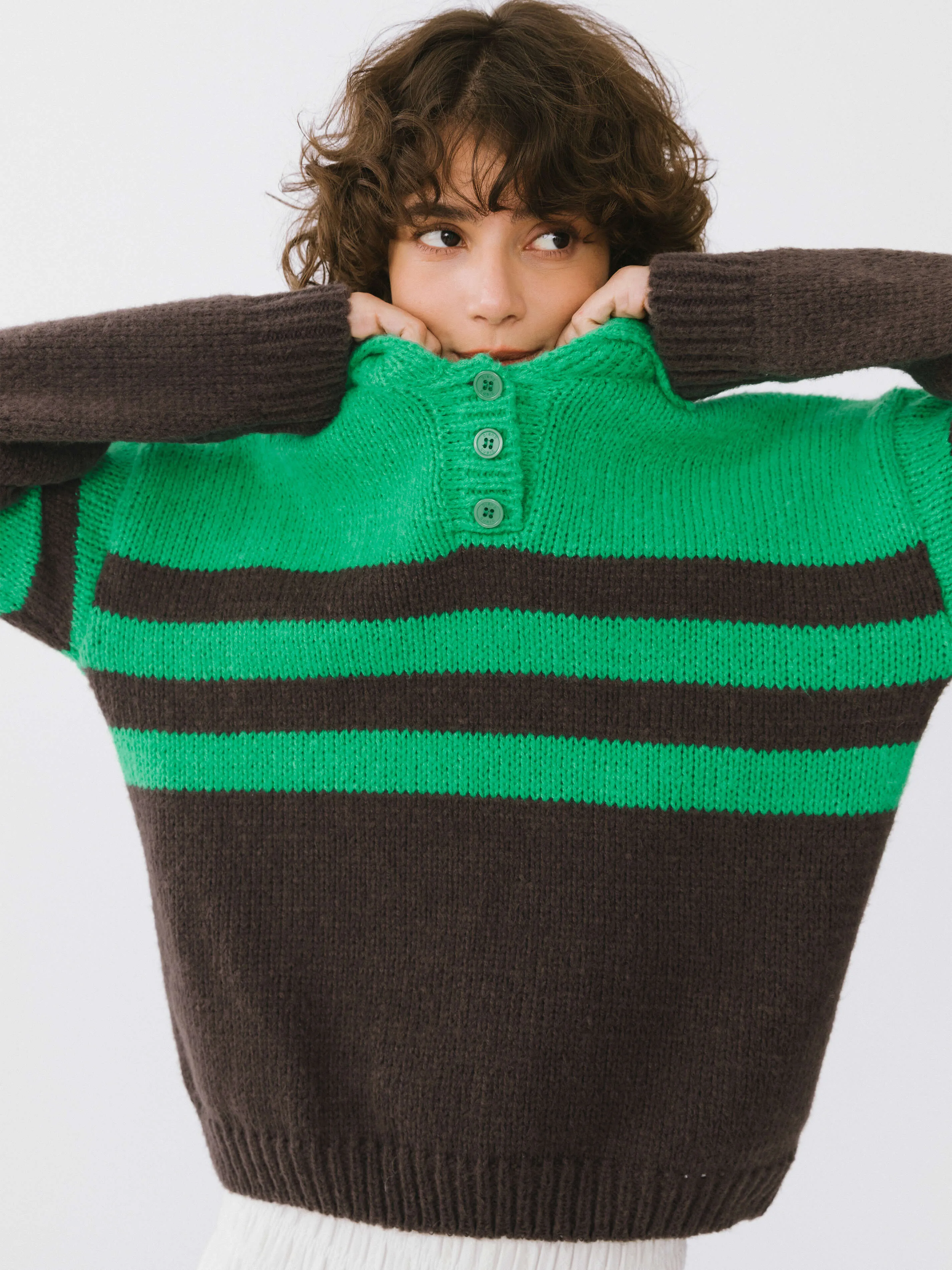 Polo Collar Striped Knit Sweater