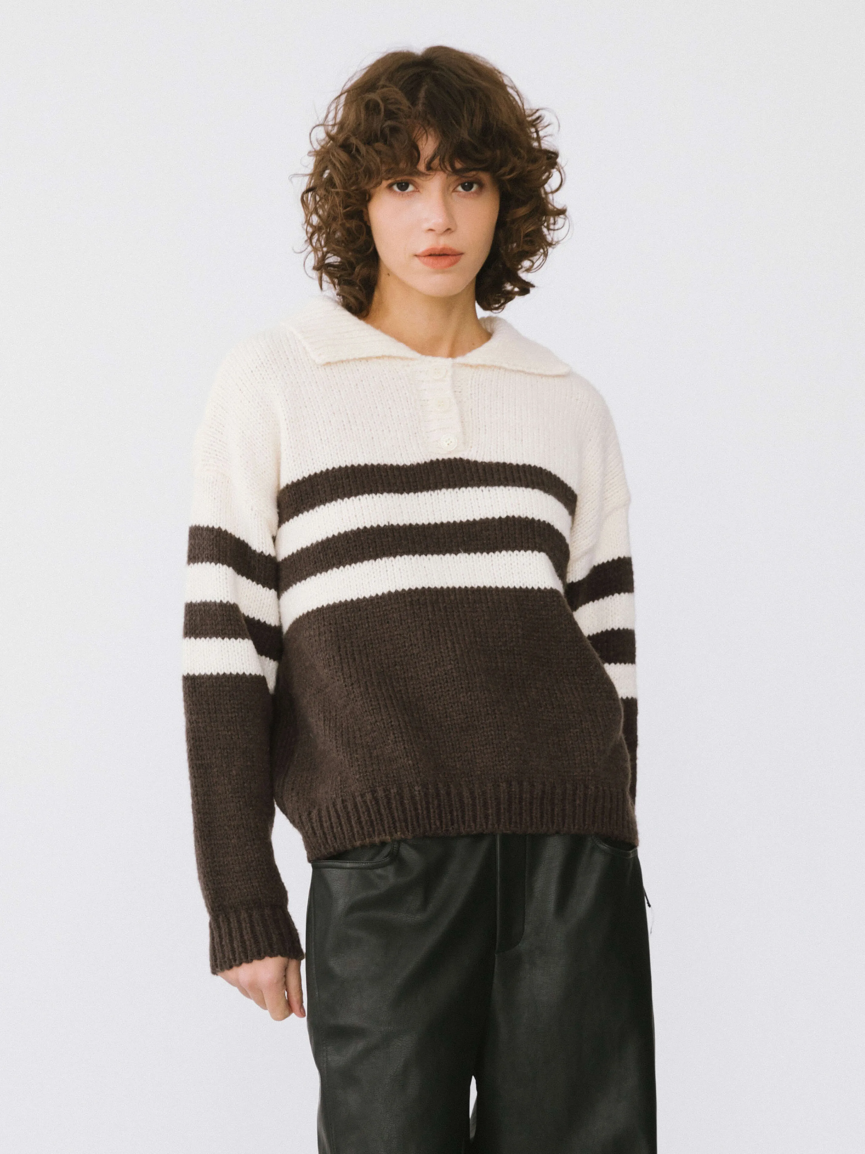 Polo Collar Striped Knit Sweater