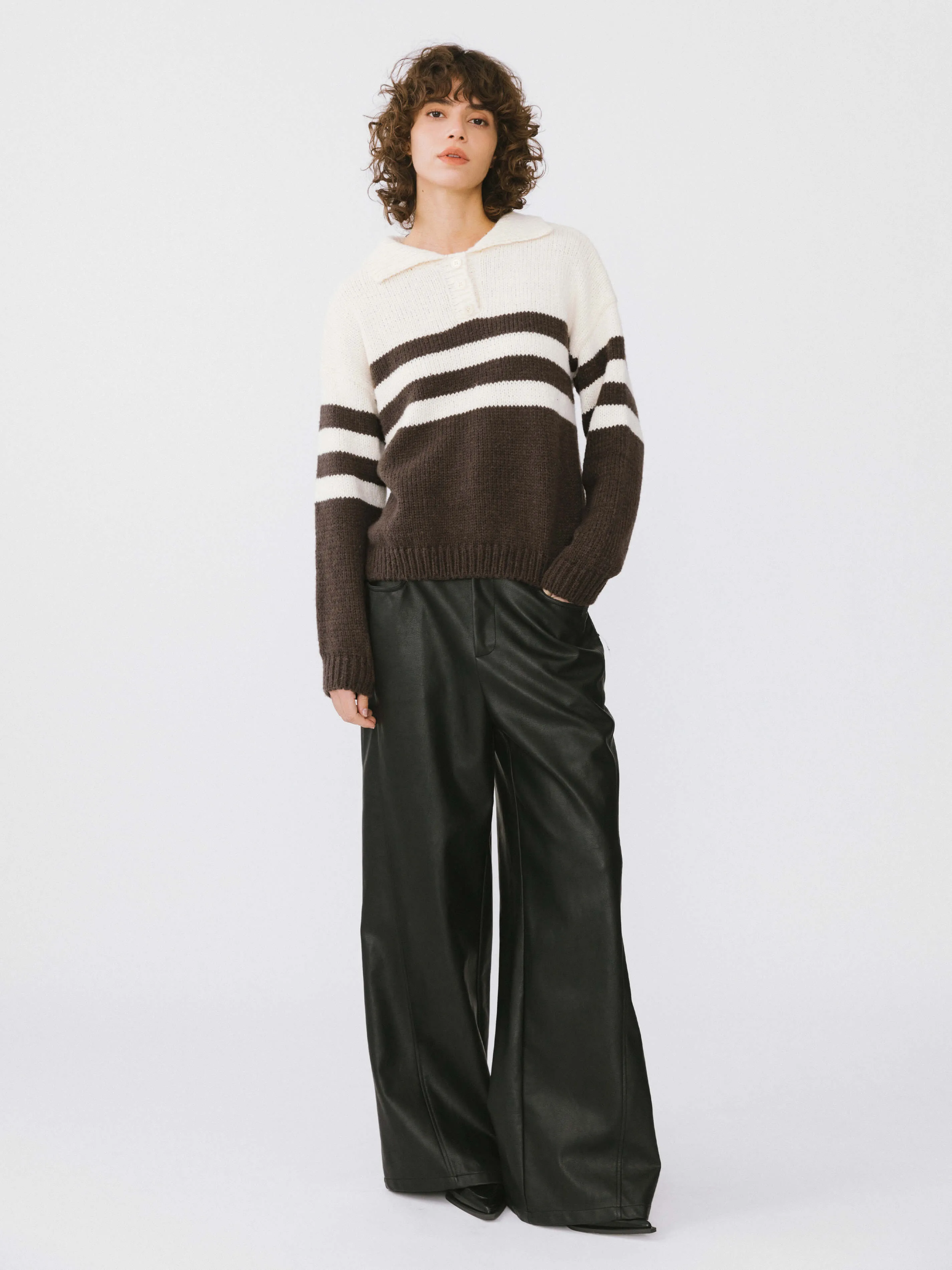 Polo Collar Striped Knit Sweater