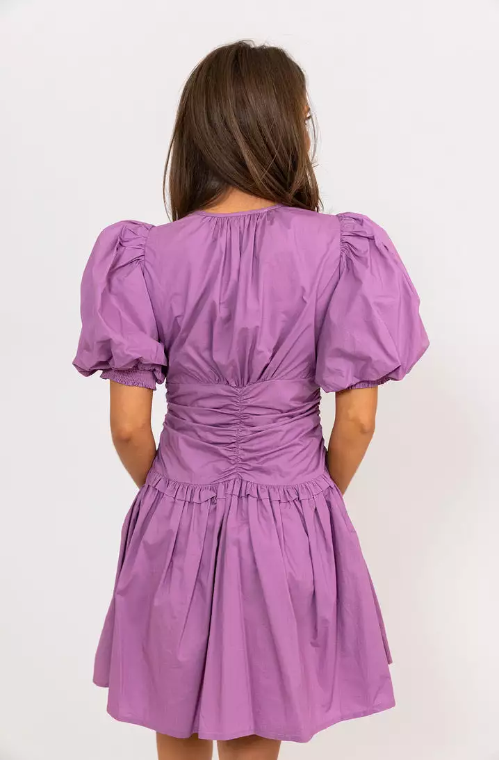 Poplin Puff Sleeve Cinch Waist Dress