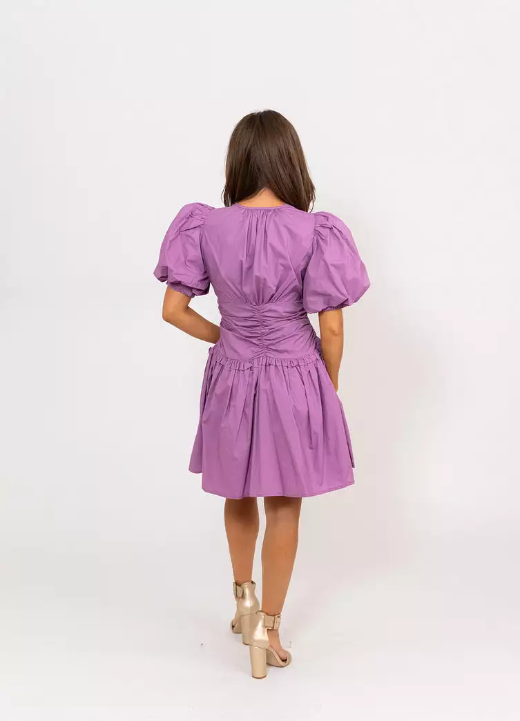 Poplin Puff Sleeve Cinch Waist Dress