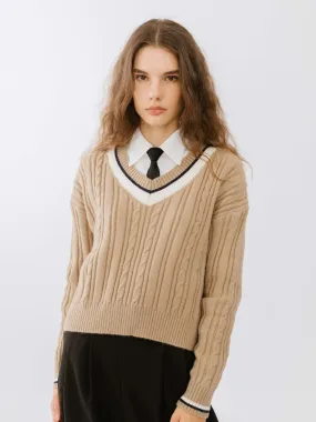 Preppy V-Neck Cable Knit Sweater