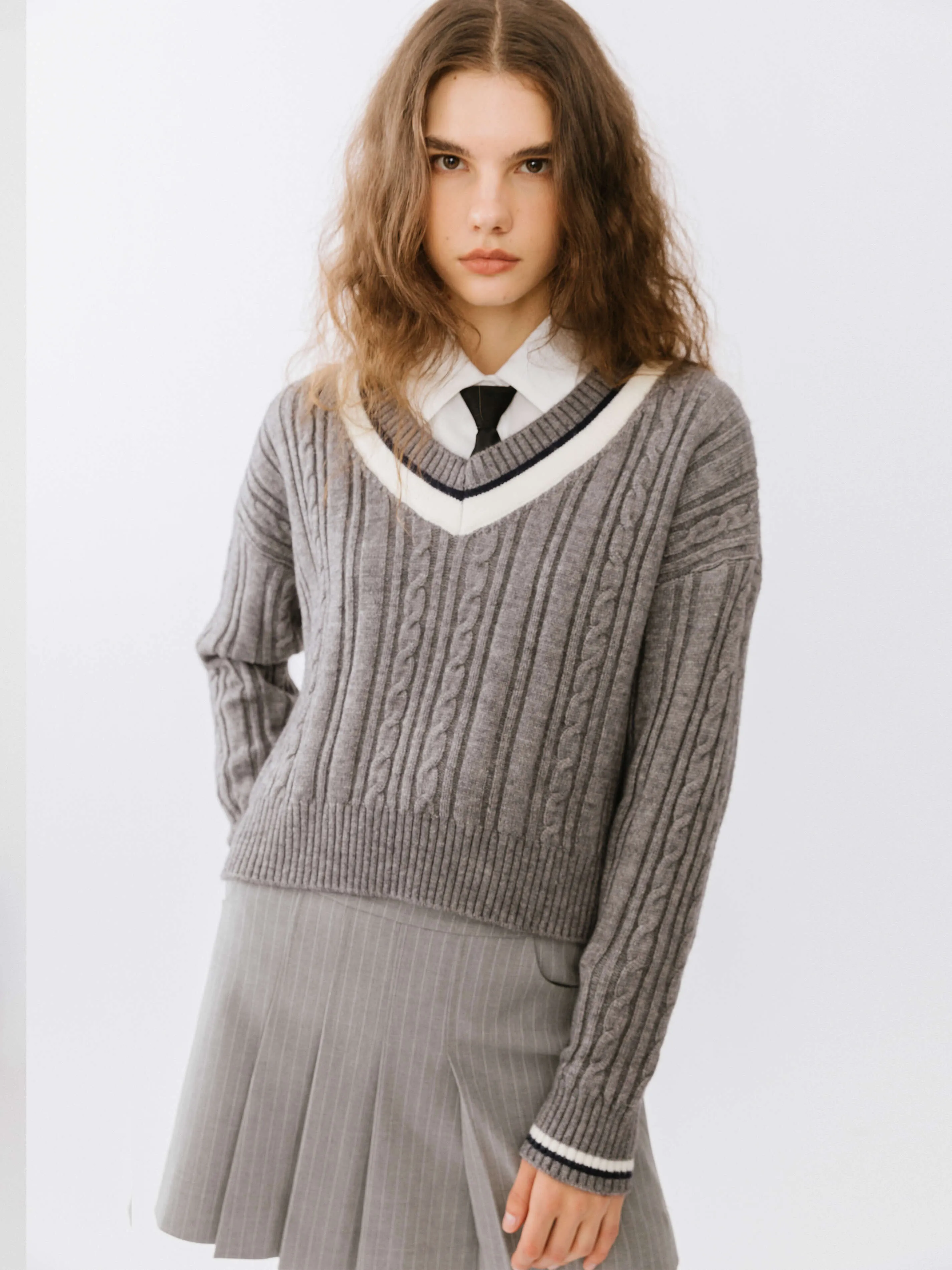 Preppy V-Neck Cable Knit Sweater