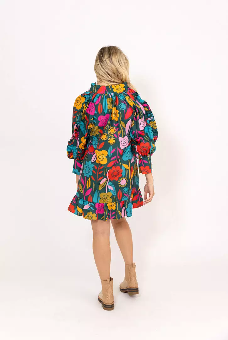 Retro Floral Garden Ruffle Dress