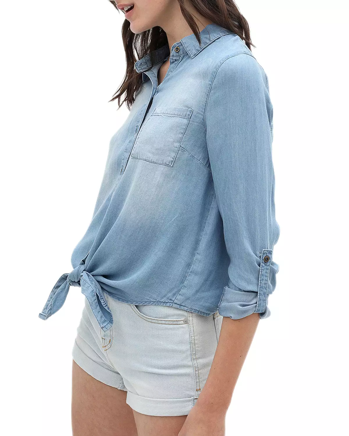 Roll Up Sleeve Crop Top Tie Front Chambray Denim Shirt