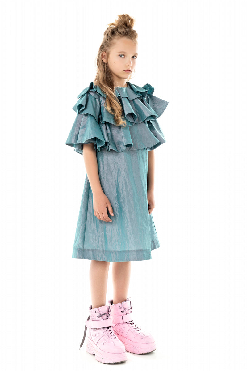 RUFFLE YOKE TURQUOISE DRESS