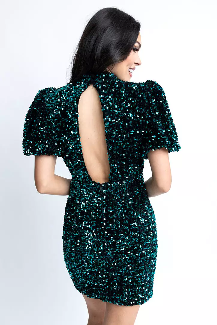 Sequin Puff Sleeve Open Back Dress