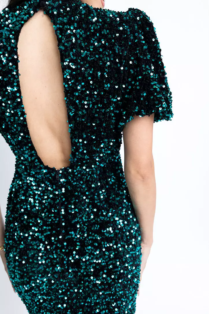 Sequin Puff Sleeve Open Back Dress